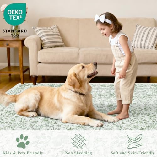 DUKINO 3x5 Rug Washable Vintage Floral Bedroom Area Rug Non Slip Sage Green