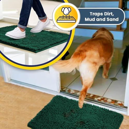 Muddy Mat® | Super Water Absorbent Door Mat Indoor, Microfiber Quick Dry Chenille Entryway Rug, Slip Resistant Front Door Mat, Indoor Mats for Entryway, Machine Washable Pet Rug, Dark Green 24" x 72"