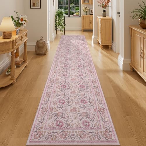 DUKINO 2x10 Runner Rug for Hallway, Washable Vintage Floral Rug, Pink