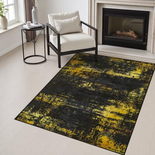 Area Rug Living Room: 3x5 Modern Washable Soft Carpet Black Gold