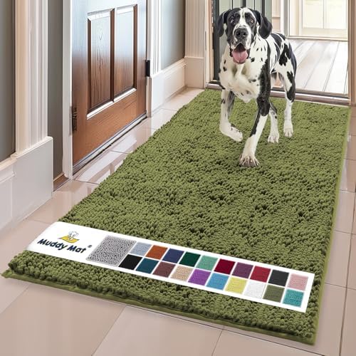 Muddy Mat® | Super Water Absorbent Door Mat Indoor, Microfiber Quick Dry Chenille Entryway Rug, Slip Resistant Front Door Mat, Indoor Mats for Entryway, Machine Washable Pet Rug, Army Green 24" x 72"