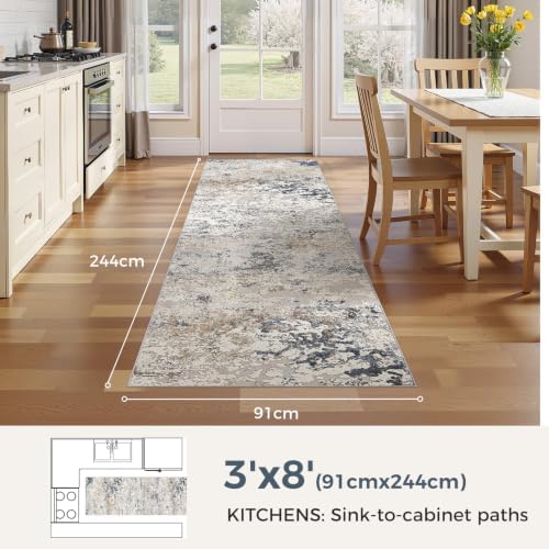 DMOYEST Washable Runner Rug for Hallway: 3x8 Neutral Modern Abstract Low Pile Area Rug with Non-Slip Backing - Carpet for Bedroom Kitchen Laundry Entryway Bathroom Indoor - Beige Blue