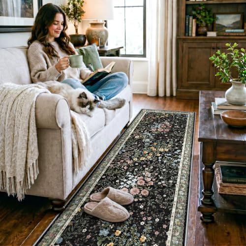 Washable Hallway Runner Rug 3x8: Vintage Botanical Floral Rug for Apartment Hallway Foyer - Machine Washable Non Slip Low Pile Carpet - Soft Foldable Runner for High Traffic Areas - 3'x8' Black