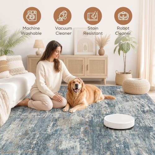 Nakagishi 8x10 Area Rugs Living Room: Washable Abstract Large Neutral Soft Rug Stain Resistant Modern Indoor Floor Non-Slip Carpet for Bedroom Nursery Kids Playroom Office Dining Room Dorm-Blue Brown