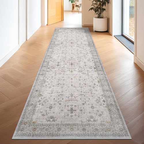 Washable Long Runners for Hallways, 3x8 Low Pile Kitchen Runner Rug, Bohemian Light Gray & Sage Entryway Indoor Rug, Distressed Floral Geometric Design, Non-Slip Stain & Fade Resistant
