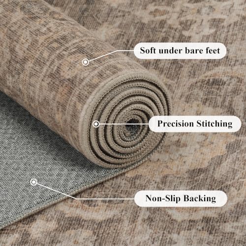 JOOJA 6x6 Tan Vintage Soft Low Pile Washable Boho Round Living Room Rug