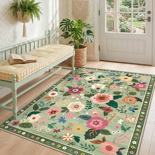 RELEANY Floral Washable 4x6 Area Rugs LightGreen