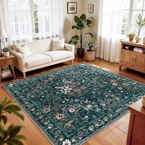 5x5 Living Room Area Rug Washable: Floral Non-Slip Mats for Indoor Floor Entryway Dining Room Bedroom - Soft Thin Carpet for Vintage Neutral Home Decor (5ft Square, Green)