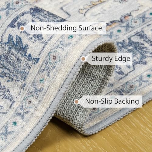 BESTSWEETIE Washable Boho 9x12 Area Rug, No Pile, Living Room, Beige Blue