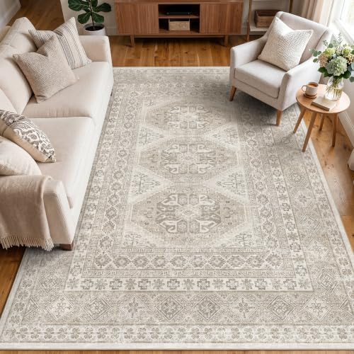 Ksrau 7x9 Area Rug Washable: Non Slip Living Room Floor Carpet Beige