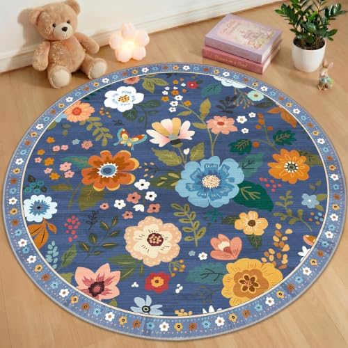 RELEANY Floral Washable Round 4ft Area Rug Blue/Grey