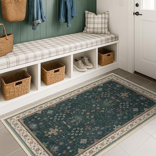 Dark Green Oushak 3x6 Kitchen Rug - Modern Vintage Boho Floral Moody, Washable Low Pile Non-Slip Area Rugs for Large Entryway, Door Mat Indoor Entrance, Kitchen, Bedroom Beside Bed