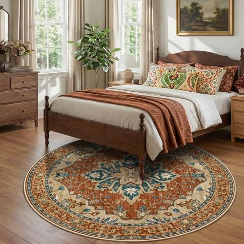 RELEANY Washable Area Rug, Round 8ft, Red/Orange/Blue/Brown
