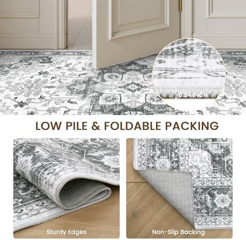 2'x8' Washable Runner Rug for Hallway Kitchen Rug Boho Floor Carpet Grey