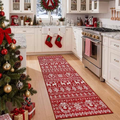 Miukiki Washable 2x5 Christmas Runner Rug Non Slip Kitchen Rugs Red