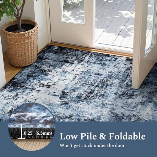 Rugflix Round Area Rugs 4Ft for Living Room, Washable Navy Blue Circle Rug