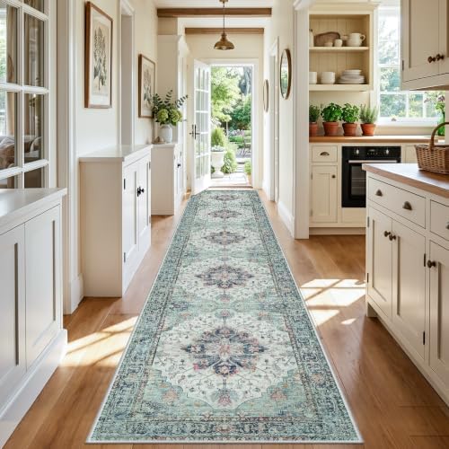 RELEANY Washable Area Rug, Runner 3'x20', Teal Green/White/Navy