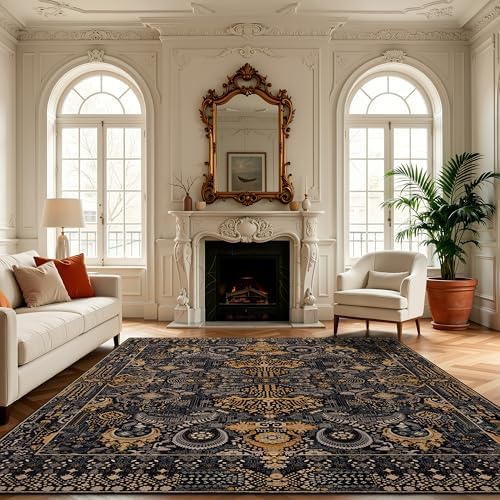 Ruaruarug Washable Area Rug 8×10 Ultra Soft for Living Room, Black and Gold