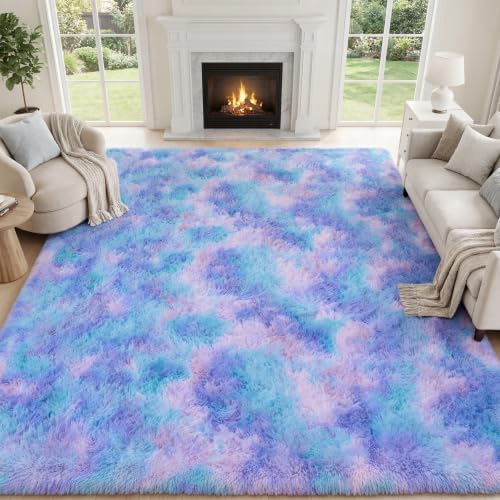 PLHXFR 6x9 Area Rugs Living Room: Fluffy Bedroom Soft Shag Rug Kid Rainbow