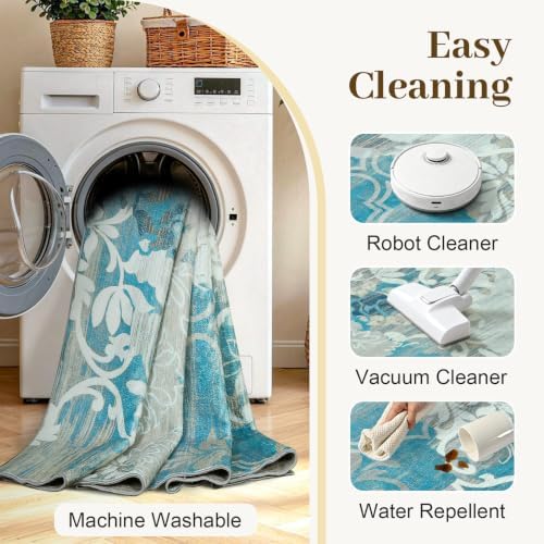 6x9 Washable Non-Slip Area Rug for Living Room (Blue)