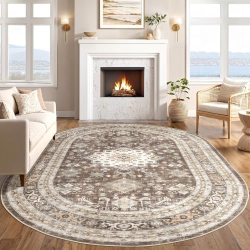 5x8 Ellipse Area Rug for Living Room, Washable, Traditional, Dark Brown