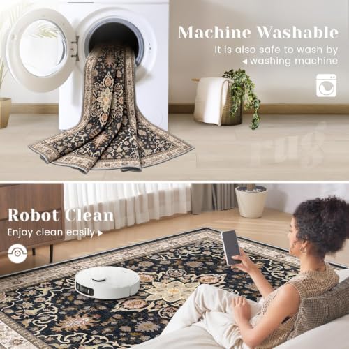 5x7 Area Rugs for Living Room: Washable Vintage Floral Rug Low Pile Non-Slip Boho Carpet for Nursery Bedroom Dining Room (Black, 5'x7')