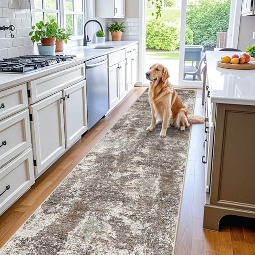 3x10 ft Long Hallway Runner Rug – Non-Slip Washable Kitchen Floor Rug with Rubber Backing, Modern Low Pile Thin Wide Carpet Runners for Bedroom, Entryway Indoor (Brown Beige,3x10)