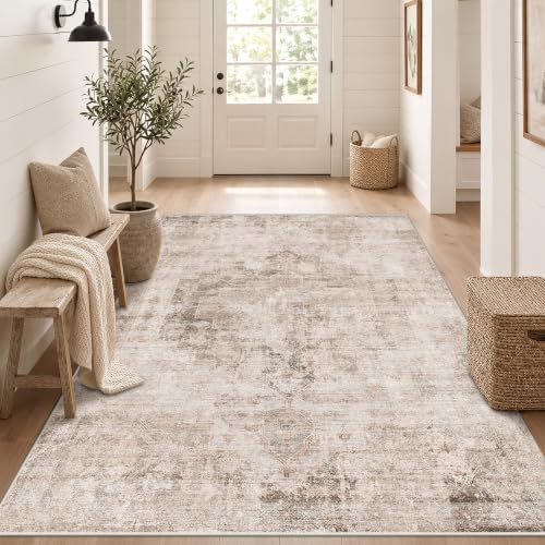 Hazo Haus Washable 5x7 Area Rugs for Living Room, Neutral Beige & Peach Farmhouse Rug for Dining Room & Bedroom, Ultra Soft Low-Pile Non-Slip Stain Resistant, Distressed Design
