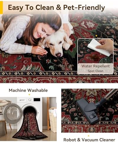 RELEANY Washable Area Rug, Runner 2'x10', Red/Black