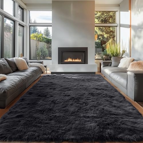 OLANLY 7x10 Machine Washable Large Area Rugs for Living Room, Bedroom, Soft Fluffy Shaggy Bedside Rug, Indoor Floor Carpet for Kids Girls and Boys, Dorms, Nursery, Home Decor Aesthetic, Black