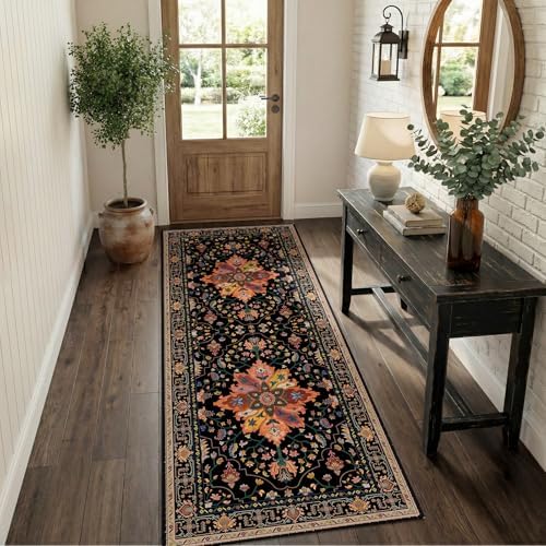 RELEANY Washable Area Rug, Runner 2'x6', Black/Colorful