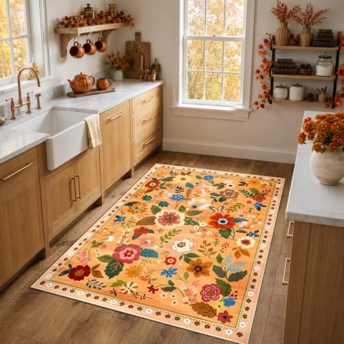 RELEANY Floral Washable 4x6 Area Rugs Orange/Yellow/Red