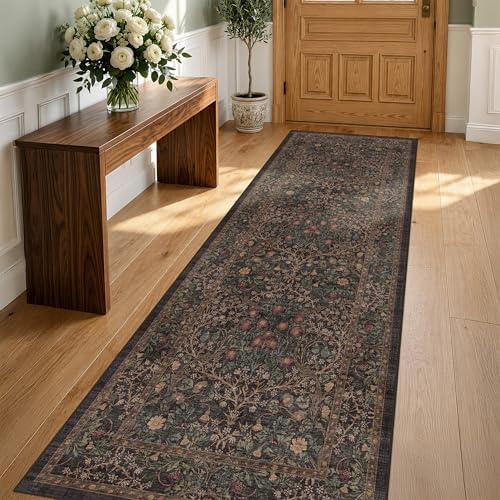 Boho Vintage 2x7 Long Runner Rugs for Entryway, Ultra Thin Kitchen, Bathroom, Hallway Rug, Low-Pile Washable Dark Brown Natural Floral Rug, Non-Slip Stain & Fade Resistant