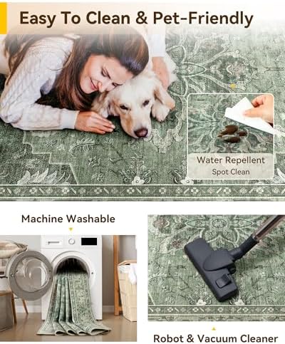 RELEANY Washable Area Rug, 3'x5', Green/Dark Green/Gray