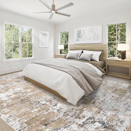 XLUEZ 9x12 Area Rug for Living Room, Washable Modern Abstract Large Area Rug Neutral Soft Non Slip Kids Rug Stain Resistant Indoor Carpet for Bedroom Dining Room Playroom Office(Beige, 9'x12')