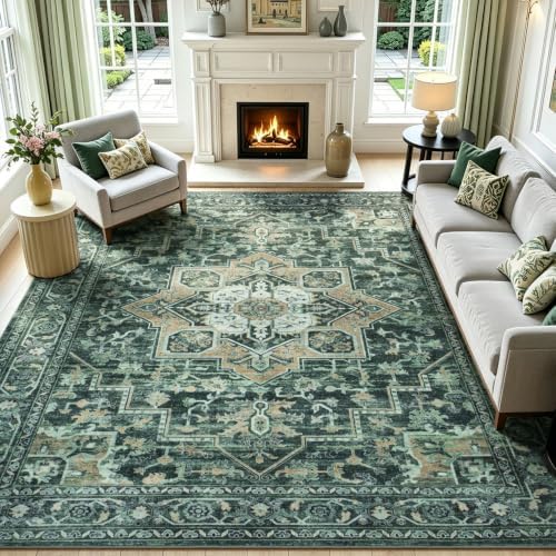Lofus 8x10 Dark Green Rug for Living Room,Vintage Distress Print Carpet
