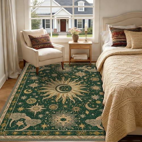 Vacuum-Friendly, 6x9 Washable Area Rug, Green Gold Yellow