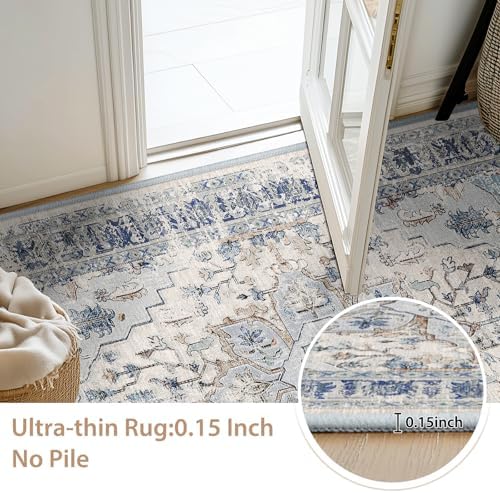 BESTSWEETIE Washable Boho 9x12 Area Rug, No Pile, Living Room, Beige Blue