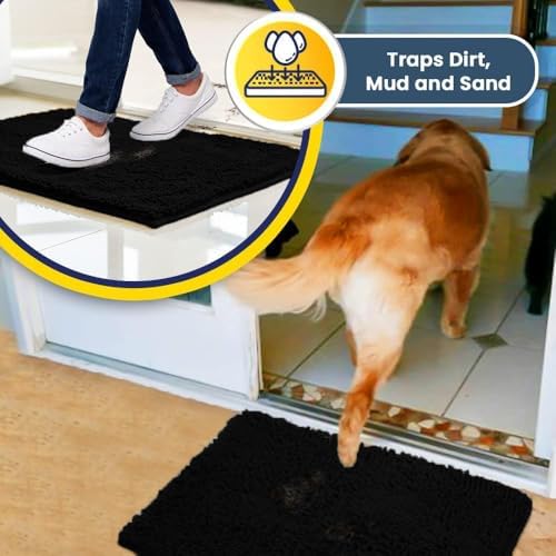 Muddy Mat® | Super Water Absorbent Door Mat Indoor, Microfiber Quick Dry Chenille Entryway Rug, Slip Resistant Front Door Mat, Indoor Mats for Entryway, Machine Washable Pet Rug, Black 24"x120"