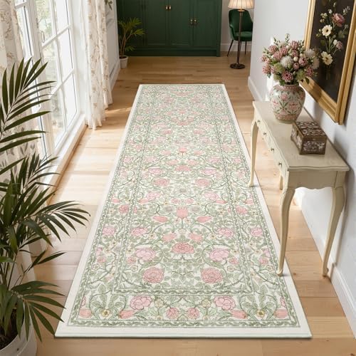 GarveeHome Pink Green Beige Floral 2.5x8 Runner Rug for Kitchen Hallways