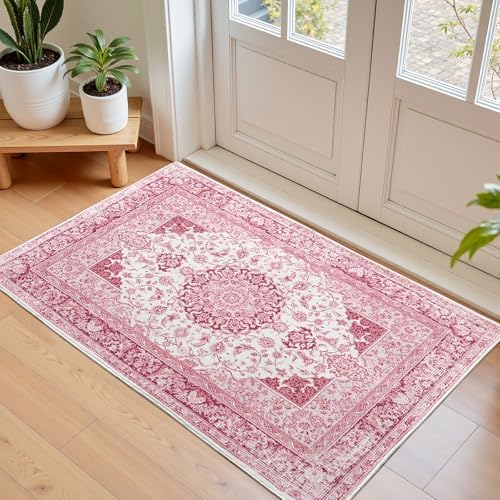 Macgace Washable Vintage Area Rug for Entryway, 2x3 Small Rugs Bright Pink