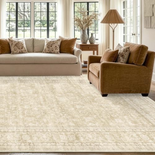 8x10 Ft Large Area Rugs for Living Room, Soft Non-Slip Machine Washable Rug, Vintage Stain Resistant Carpets for Bedroom Nursery Dining Room Home Decor (Beige)