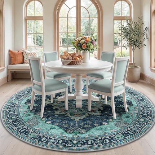 RELEANY Washable Area Rug, Round 7ft, Teal