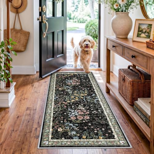 Washable Kitchen Runner Rug 2x5: Vintage Floral Rug for Kitchen Entryway - Machine Washable Non Slip Low Pile Carpet - Soft Foldable Runner for Everyday Family Use - 2'x5' Black