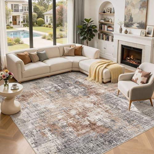 DMOYEST Square Area Rug Living Room Rugs - 12x12 Washable Extra Large Soft Indoor Neutral Modern Abstract Low Pile Rug Carpet for Bedroom Dining Room Farmhouse Home Office - Grey Brown