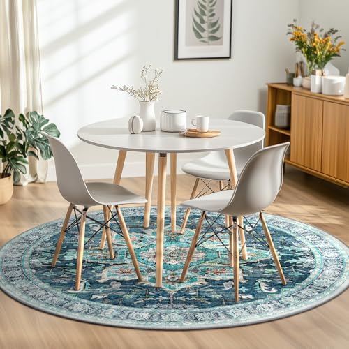 BESTSWEETIE 8ft Area Rug Washable Rugs for Living Room, No Pile Boho Carpet for Entryway Bedroom Dinning Room, Vintage Carpet Print Distressed Non-Slip, 96" Round, Teal Dark Green