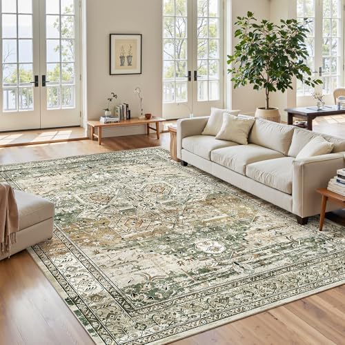 Soalmost 5x7 Area Rug Low Pile Washable Trendy Faded Style Rug, Olive Beige