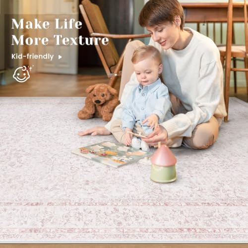 8x10 Area Rugs for Living Room: Washable Large Vintage Floral Rug Low Pile Non-Slip Boho Carpet for Bedroom Home Office Dining Room (Pink, 8'x10')