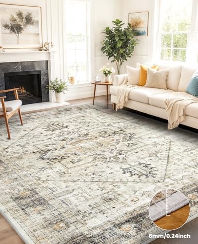 Amada Large 8x10 Washable Area Rug for Living Room, Yellow, Vintage Pattern