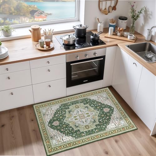 Macgace Washable Vintage Small Area Rug for Entryway, 2x3 Rugs Green White
